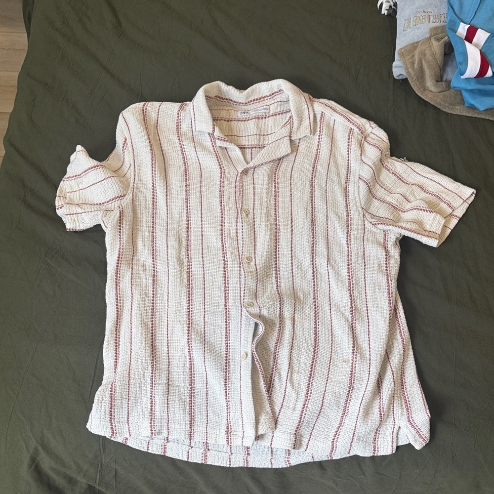 Zara Cream and Red Striped Casual Button Down Shirt XL